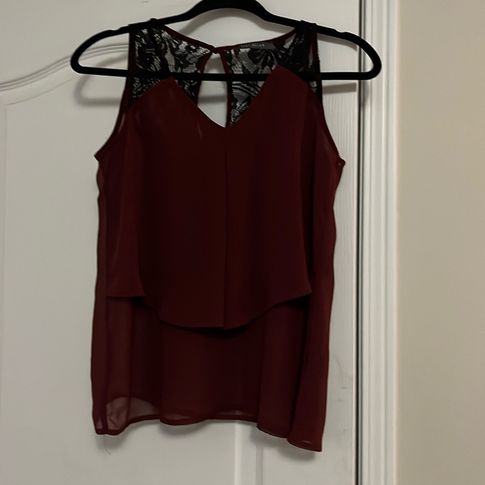 Flowy burgundy cami w black lace upper back and shoulder’s Suzy Shier Size M & S